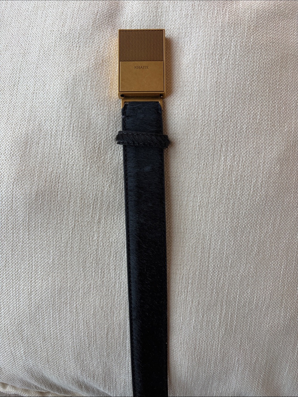 $980 Khaite Elio belt antique gold black ponyhair size 85